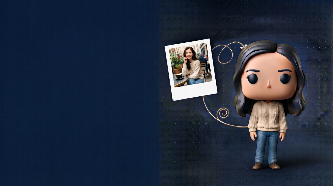 Figura tipo Funko personalizada impresa en 3D junto a la foto de referencia